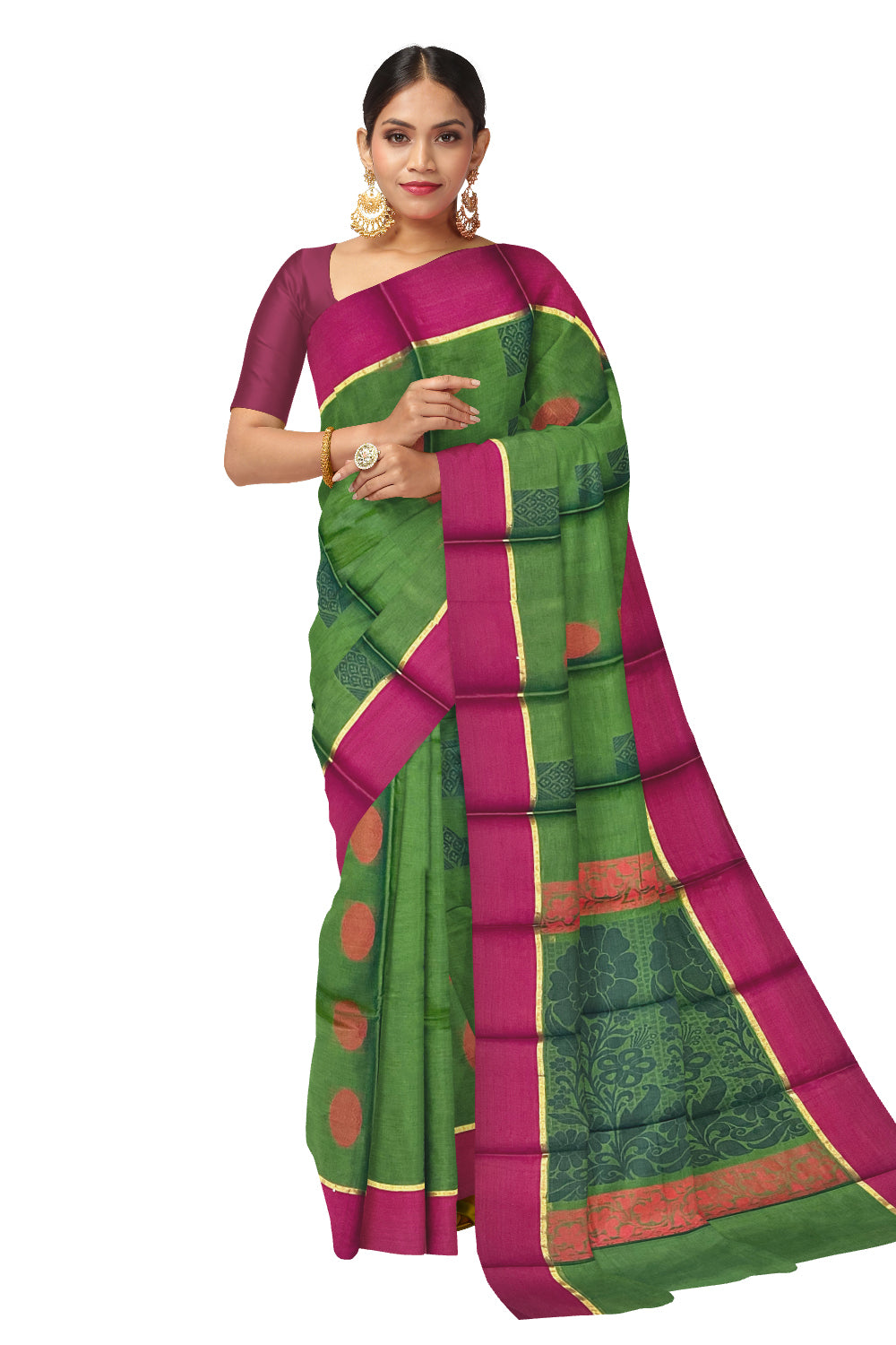 Southloom Cotton Green Saree with Woven Butta Works on Body and Pallu