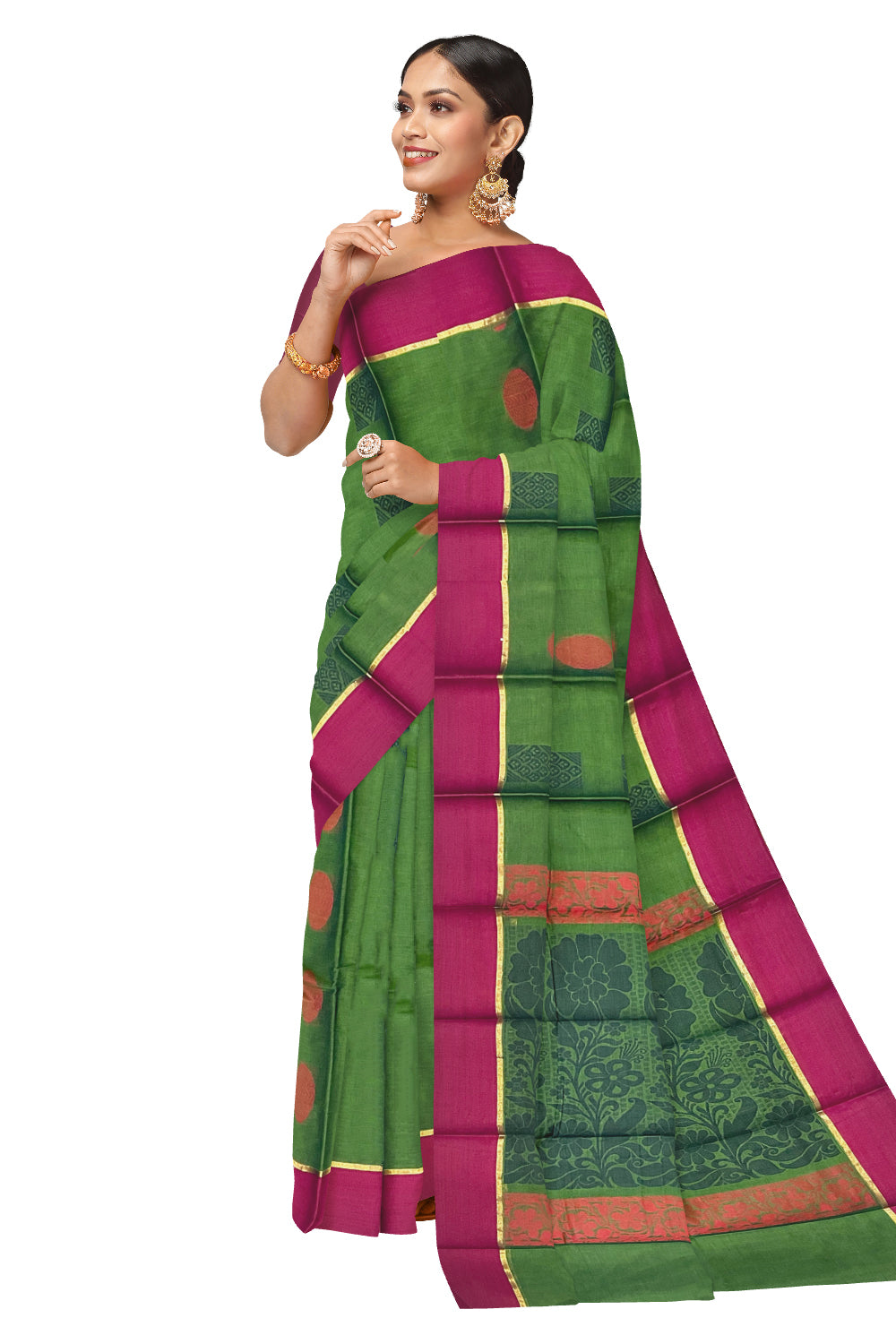 Southloom Cotton Green Saree with Woven Butta Works on Body and Pallu