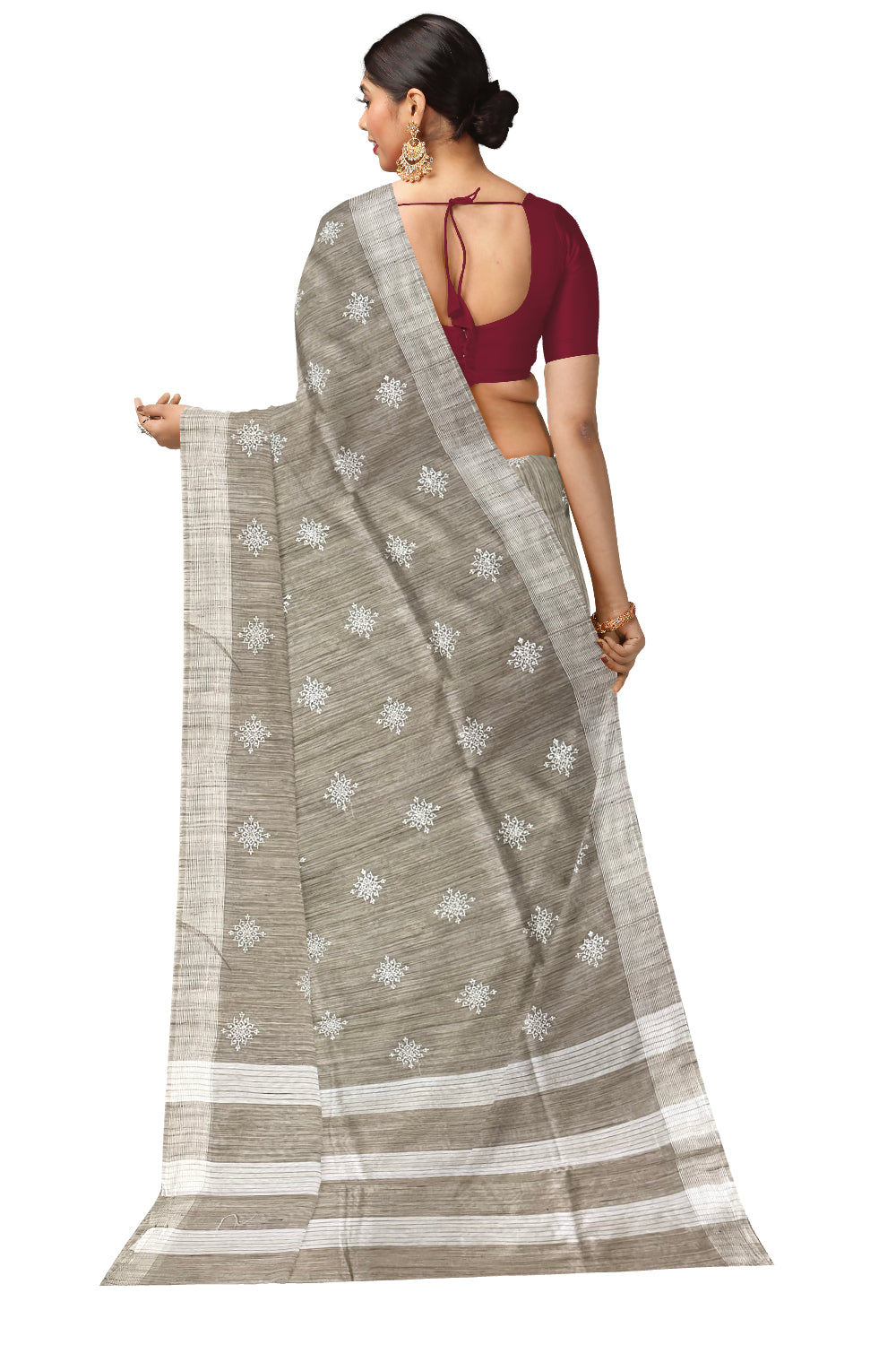 Southloom Cotton Light Brown Designer Saree with Floral Embroidery Work