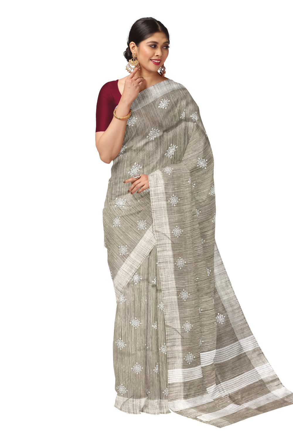 Southloom Cotton Light Brown Designer Saree with Floral Embroidery Work