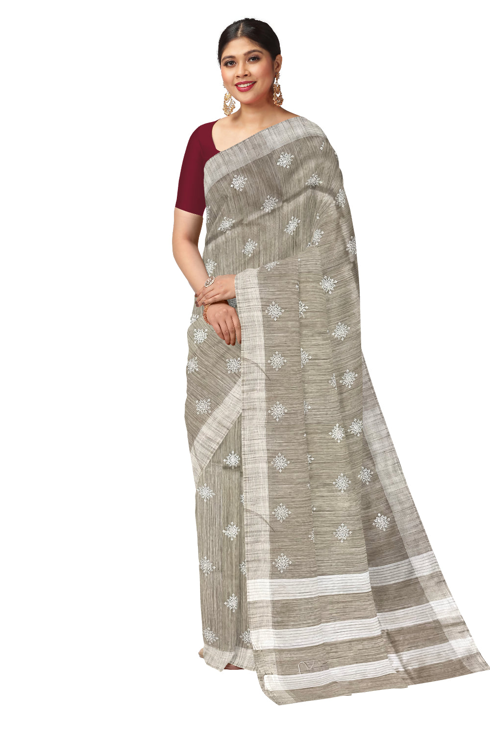 Southloom Cotton Light Brown Designer Saree with Floral Embroidery Work