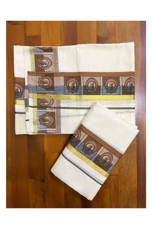 Kerala Cotton Kasavu Single Set Mundu (Mundum Neriyathum) with Blue and Brown Kara and Block Prints