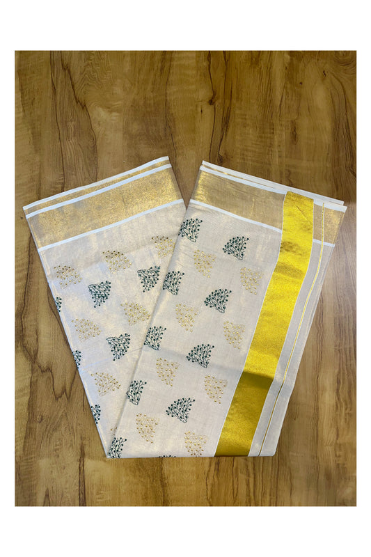 Southloom Kerala Tissue Kasavu Saree with Green and Gold Floral Embroidery Design on Body