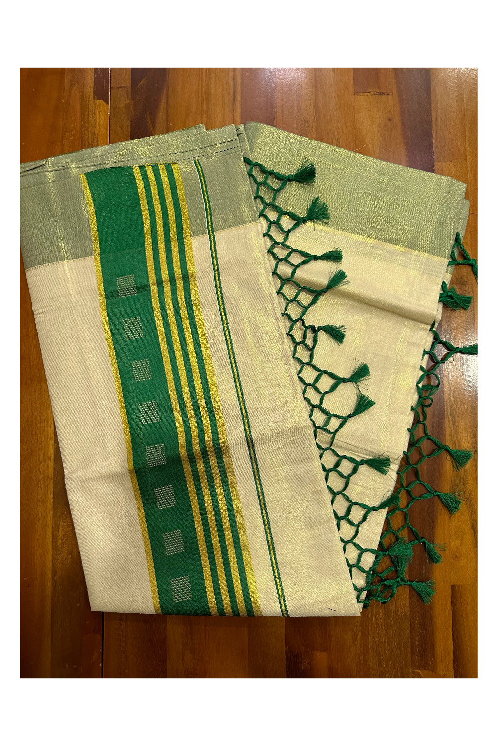 Kerala Tissue Saree with Kasavu Green Border and Tassels Works on Pallu (Onam Saree 2023)