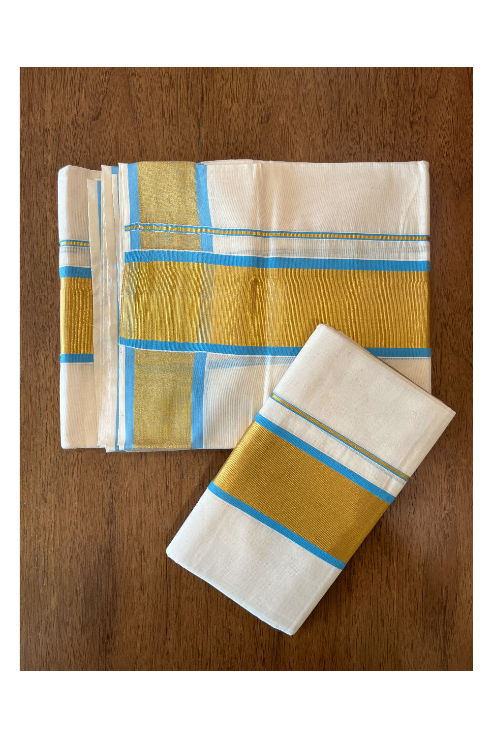 Cotton Mundum Neriyathum Double (Set Mundu) with Blue and Kasavu Border