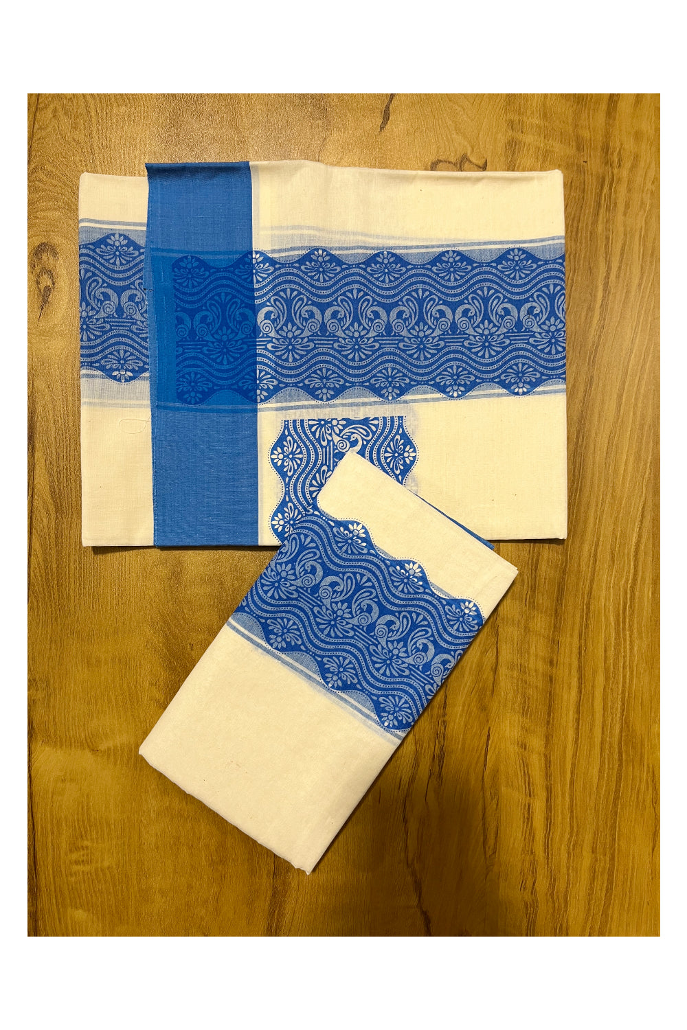 Kerala Cotton Single Set Mundu (Mundum Neriyathum) with Blue Block print Work Border 2.80Mtrs