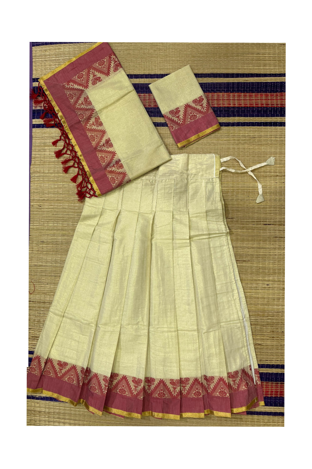 Semi Stitched Dhavani Set with Tissue Red Woven Pavada and Maroon Temple Blouse Piece