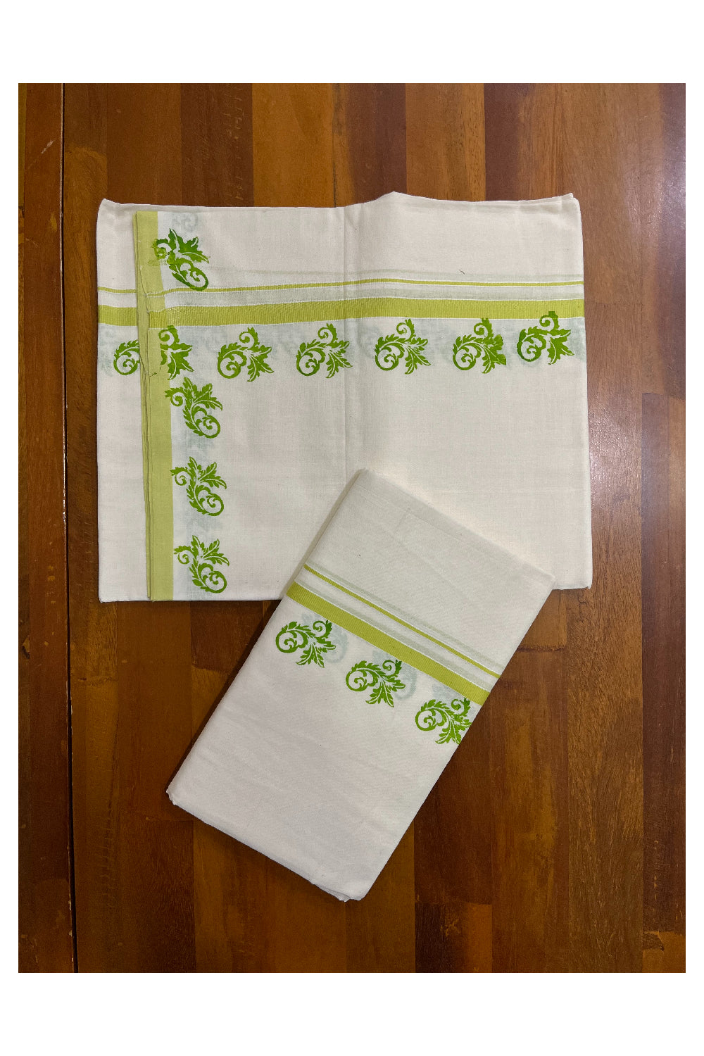 Kerala Pure Cotton Set Mundu Single (Mundum Neriyathum) with Light Green Block Prints