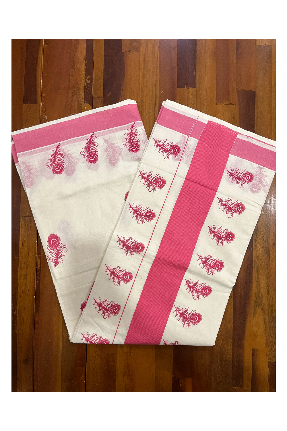 Pure Cotton Kerala Saree with Pink Feather Block Printed Border