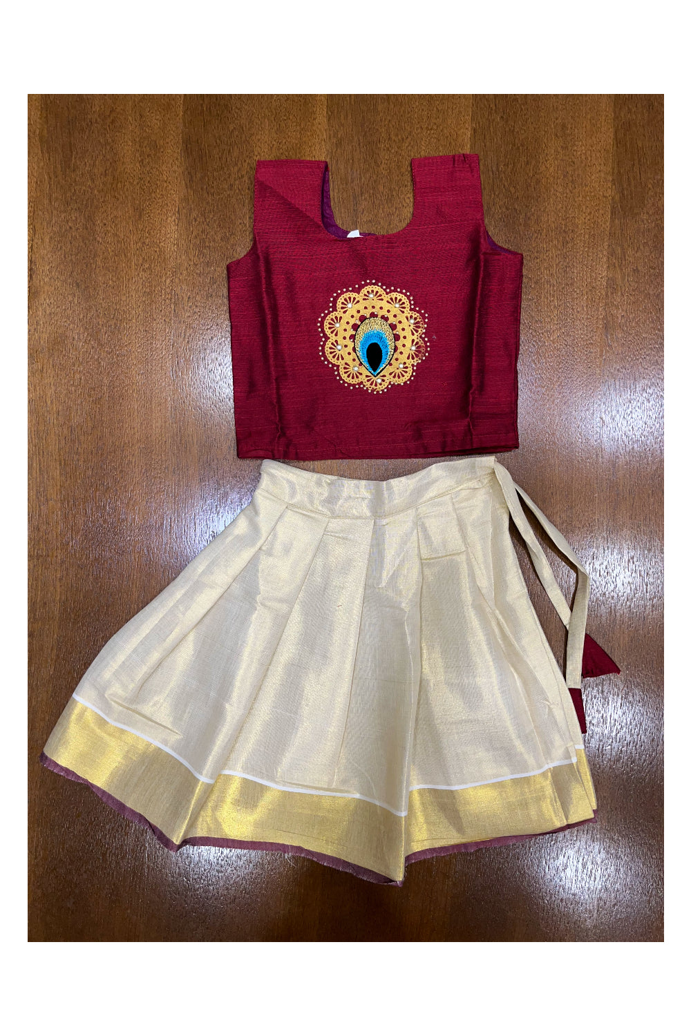 Southloom Kerala Pavada Blouse with Maroon Bead Work Design (Age - 1 Year)