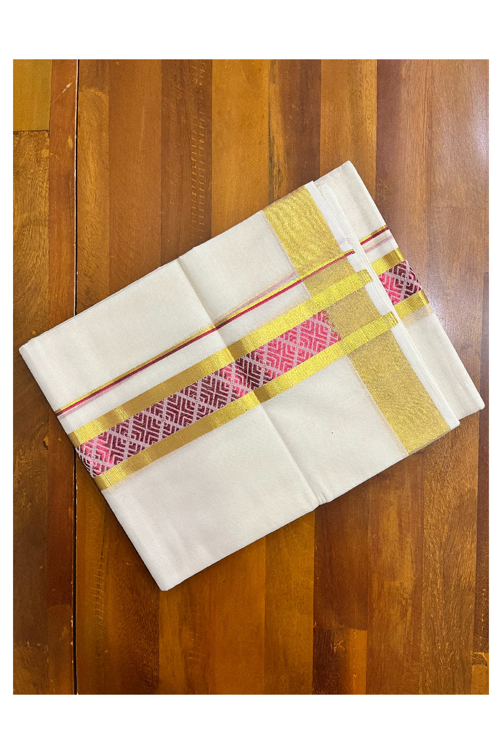 Southloom Premium Handloom Pure Cotton Mundu with Golden and Magenta Kasavu Woven Border (Vishu 2024 Collection)