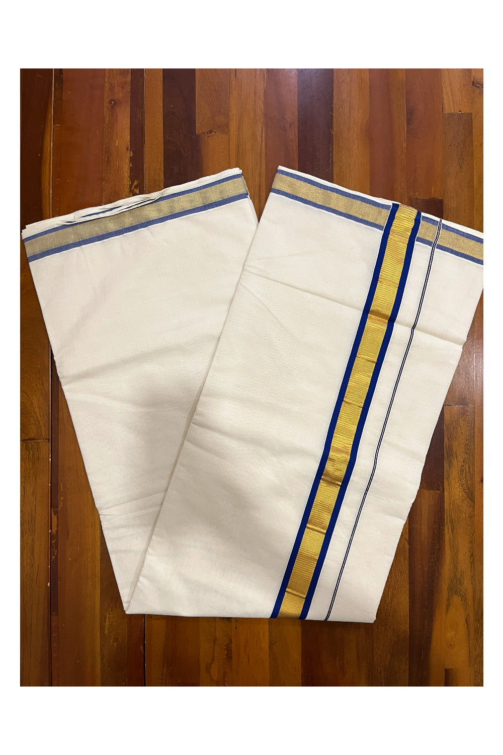 Pure Cotton Kerala Plain Saree with Kasavu and Blue Border