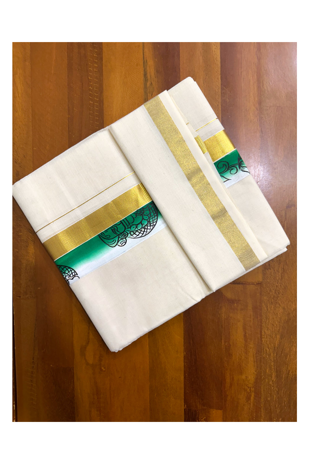 Kerala Pure Cotton Double Mundu with Hand Painted Designs on Kasavu Border(South Indian Kerala Dhoti)