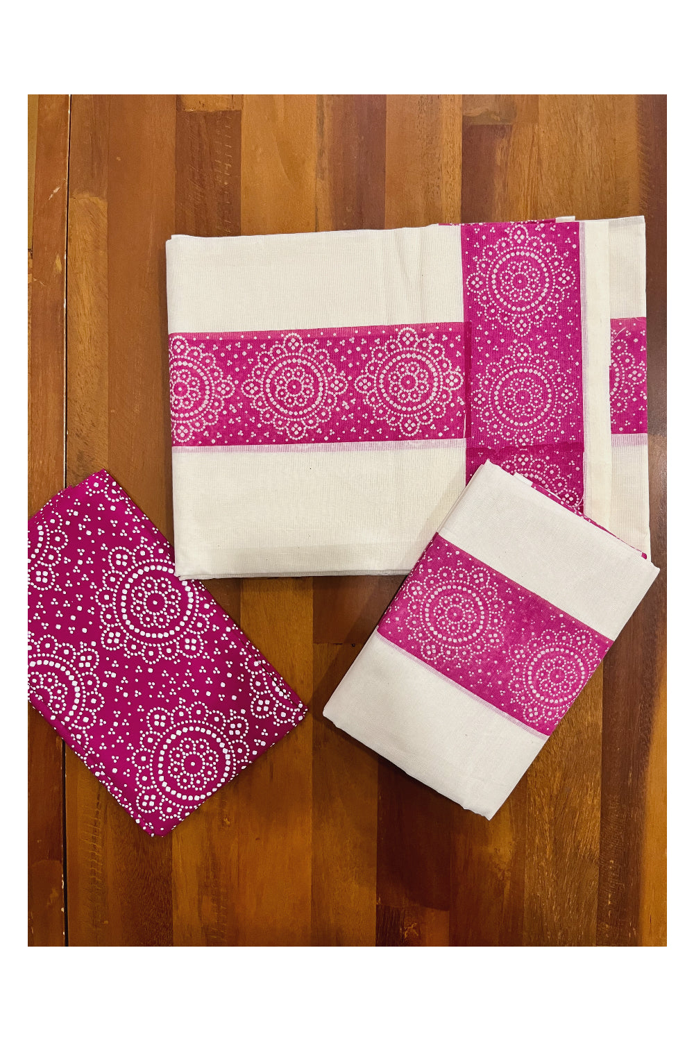 Kerala Cotton Set Mundu (Mundum Neriyathum) with Rose Block Prints and Seperate Blouse Piece