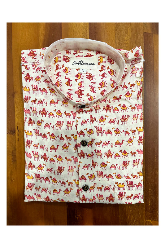 Southloom Jaipur Cotton Camel Hand Block Printed Mandarin Collar Shirt (Full Sleeves)