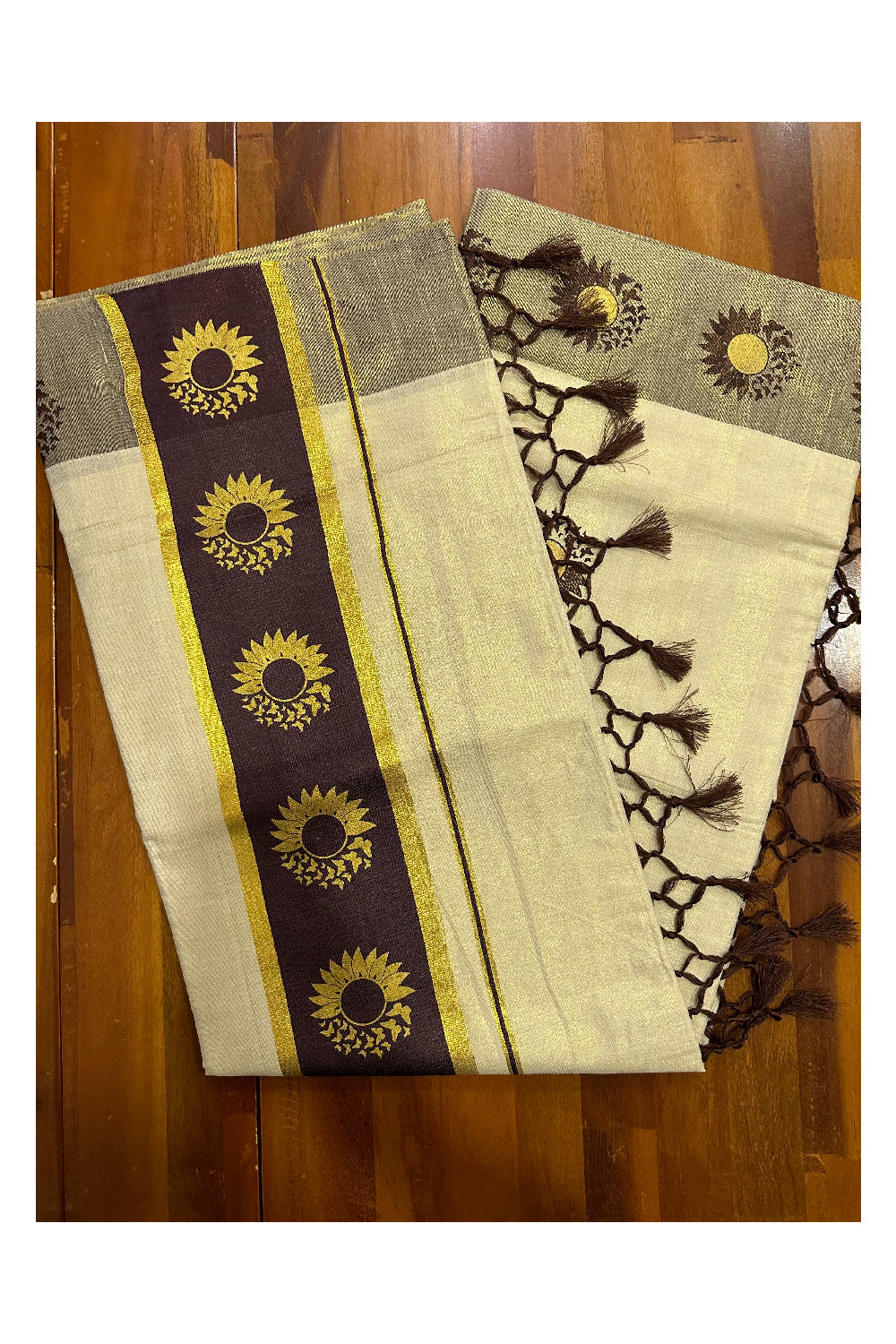 Kerala Tissue Kasavu Saree with Brown and Golden Block Prints on Border (Onam Saree 2023)