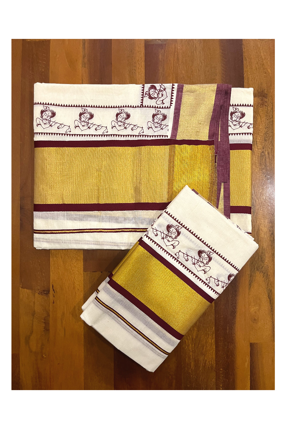 Pure Cotton Kerala Single Set Mundu (Mundum Neriyathum) with Maroon Block Printed Kasavu Border