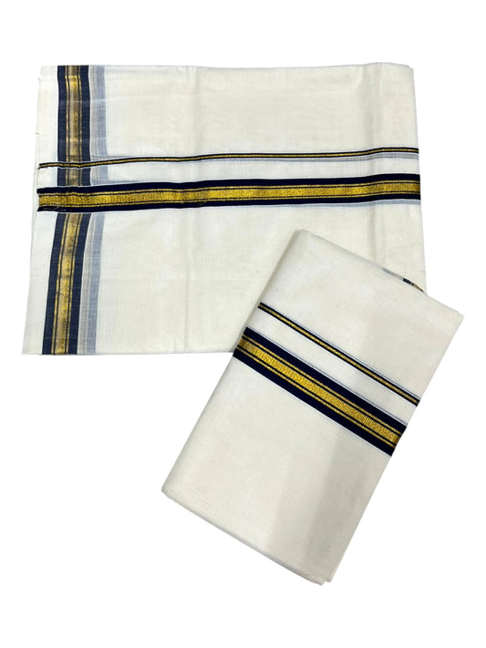 Pure Cotton Kerala Single Set Mundu (Mundum Neriyathum) with Dark Blue Kasavu Border in 2.80 Mtrs SL395