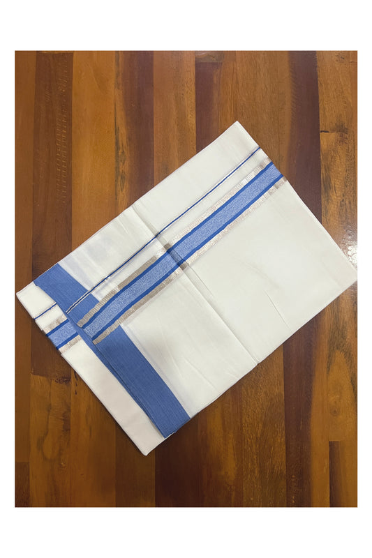 Pure White Cotton Double Mundu with Blue and Silver Kasavu Border (South Indian Kerala Dhoti)