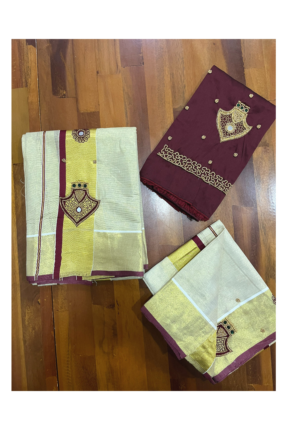 Kerala Tissue Kasavu Set Mundu (Mundum Neriyathum) with Handwork Design and Maroon Blouse Piece