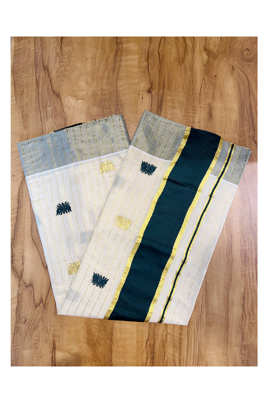 Kerala Tissue Kasavu Lines Saree with Green And Golden Lotus Embroidery Works