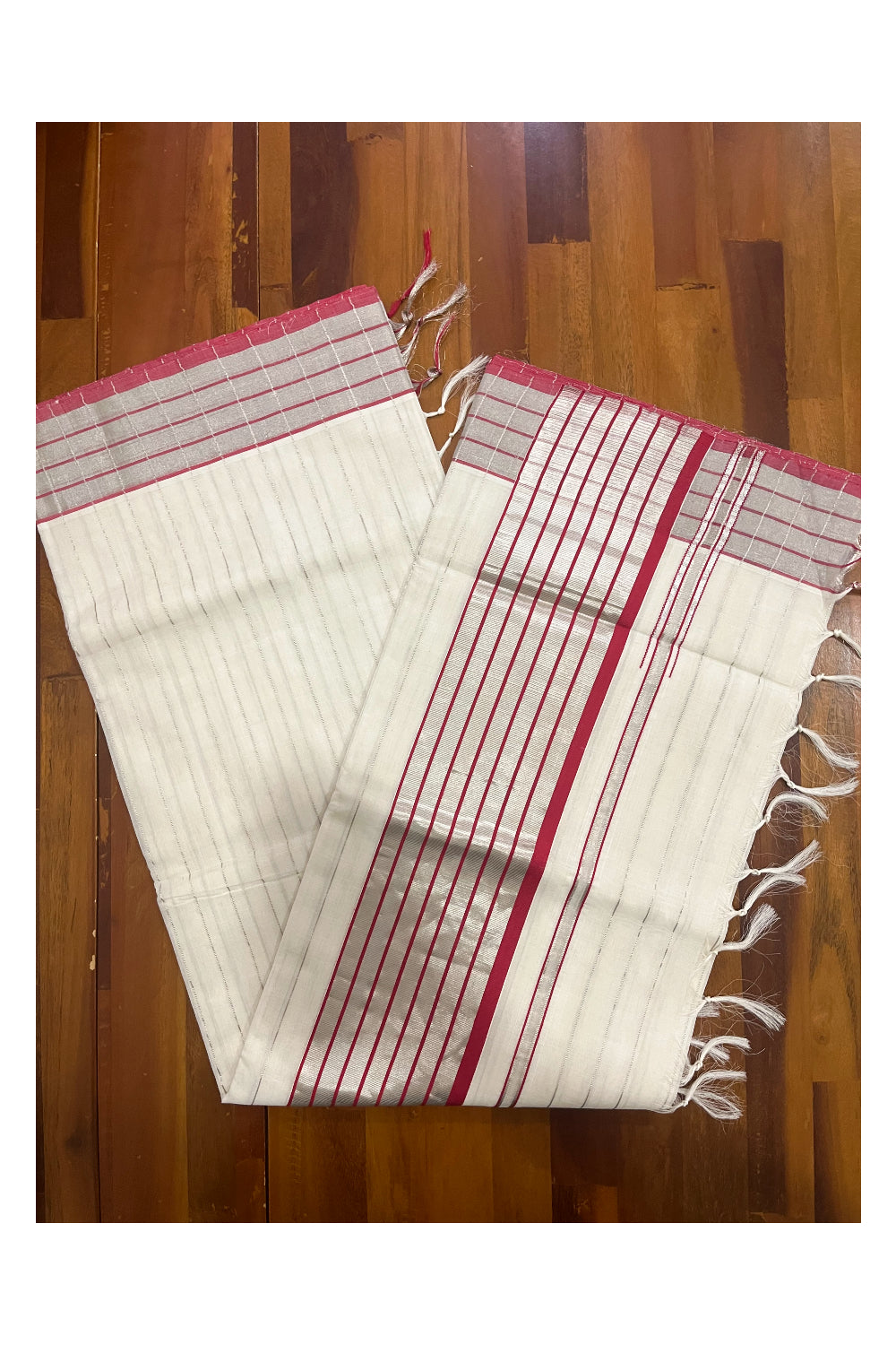 Southloom Premium Handloom Saree with Red Border and Silver Kasavu Lines Across Body