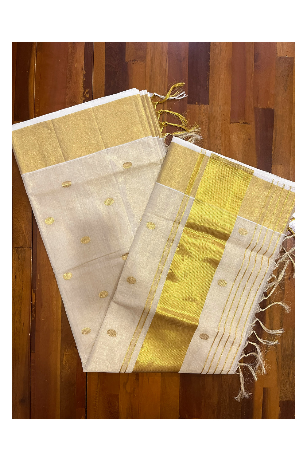 Southloom Premium Handloom Tissue Saree with Golden Polka Work Across Body