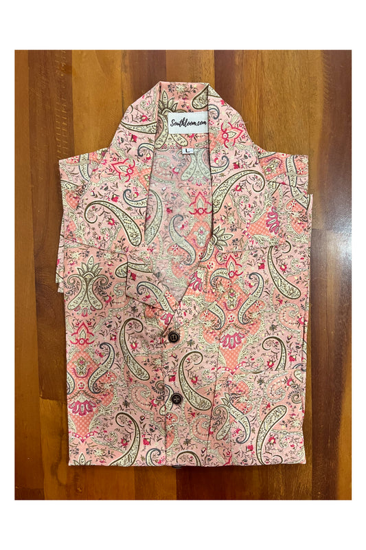 Southloom Jaipur Cotton Pink Hand Block Printed Cuban Collar Shirt (Half Sleeves)