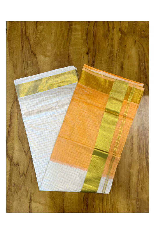 Southloom Cotton Tie & Dye - Half & Half Orange Design Saree with Kasavu Checks Across Body