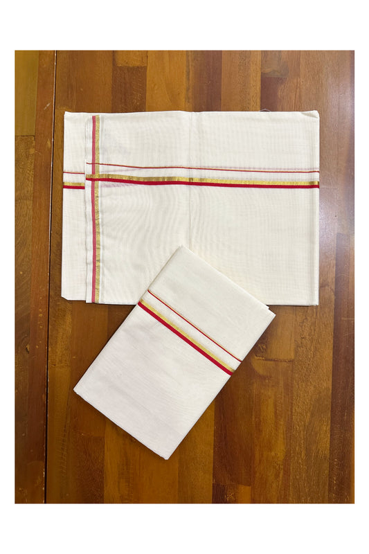 Kerala Cotton Puliyilakkara Set Mundu (Mundum Neriyathum) with 0.5 inch Kasavu and Red Border 2.80 Mtrs