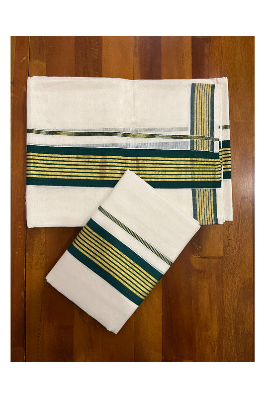 Pure Cotton Handloom Premium Kasavu Set Mundu (Mundum Neriyathum) with Green and Kasavu Border