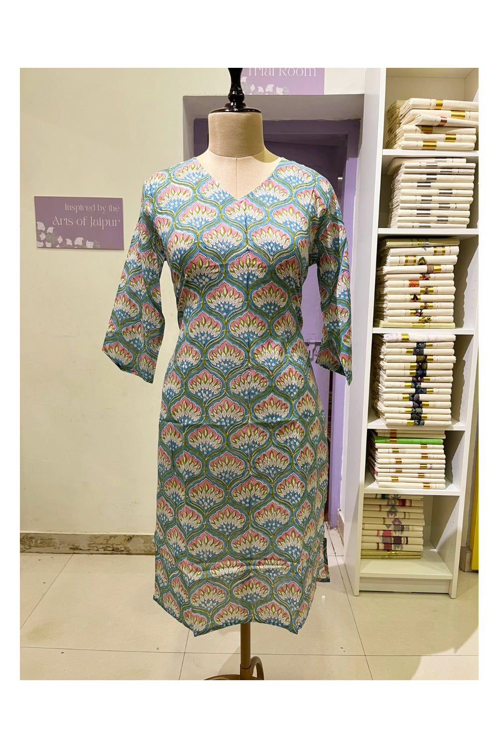 Southloom Stitched Cotton Kurti in blue Printed Designs