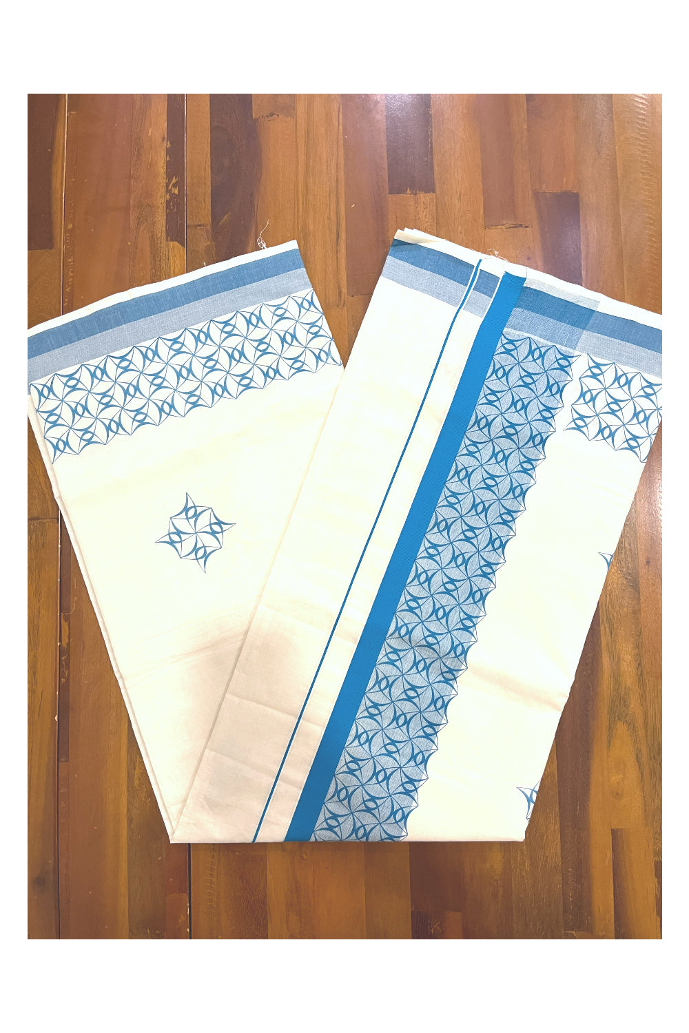 Pure Cotton Off White Kerala Saree with Blue Block Printed Border (Onam Saree 2023)