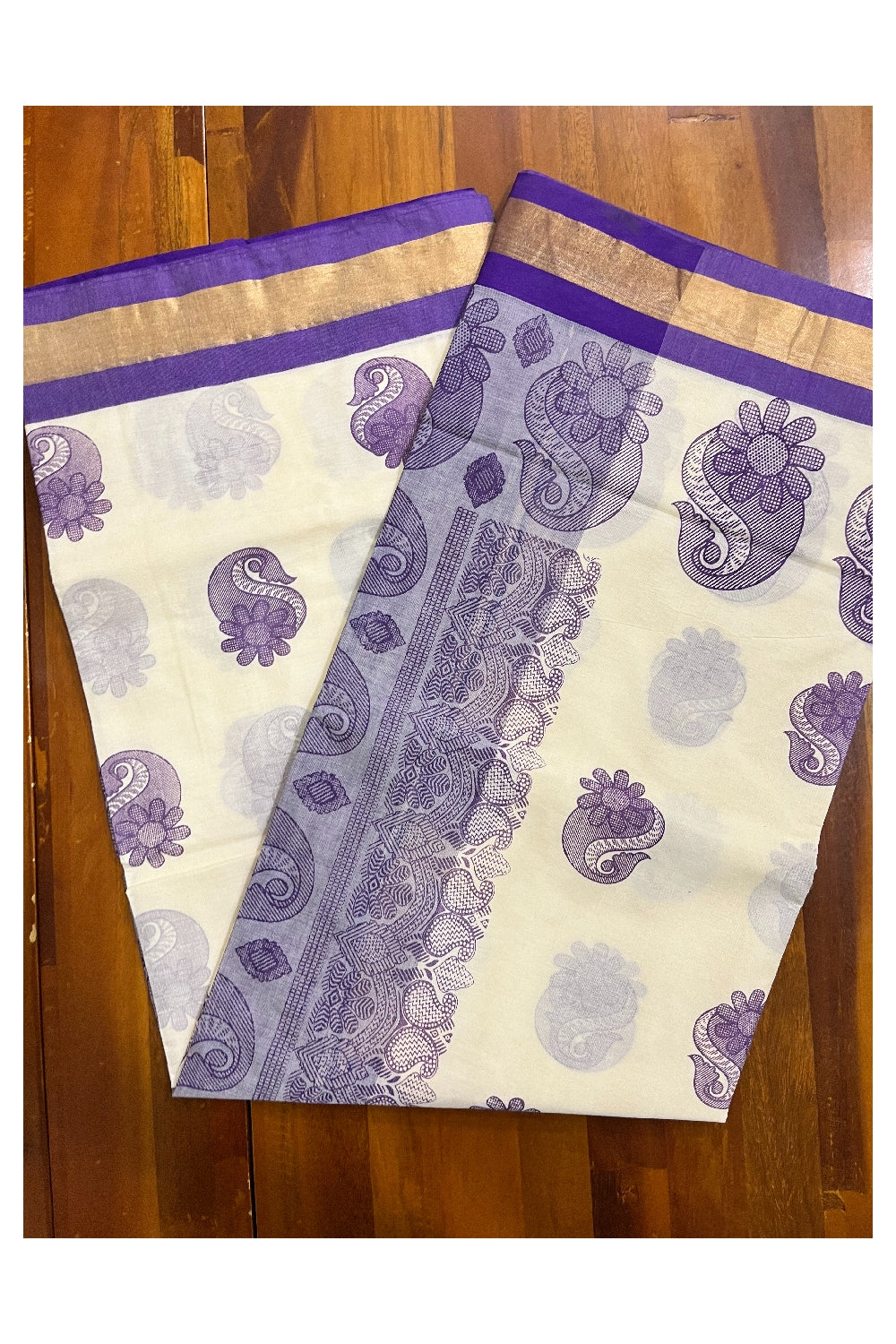 Pure Cotton Kerala Saree with Violet Block Prints and Kasavu Border (Vishu 2024 Collection)