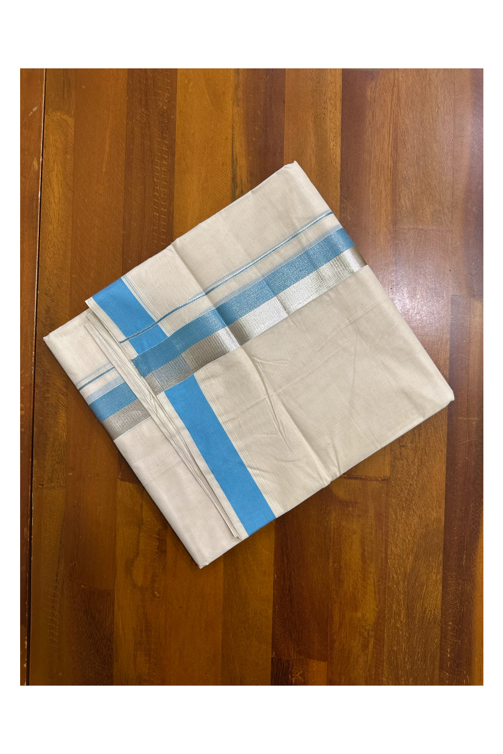 Kerala Pure Cotton Off White Double Mundu with Silver Kasavu And Blue Kara (South Indian Kerala Dhoti)