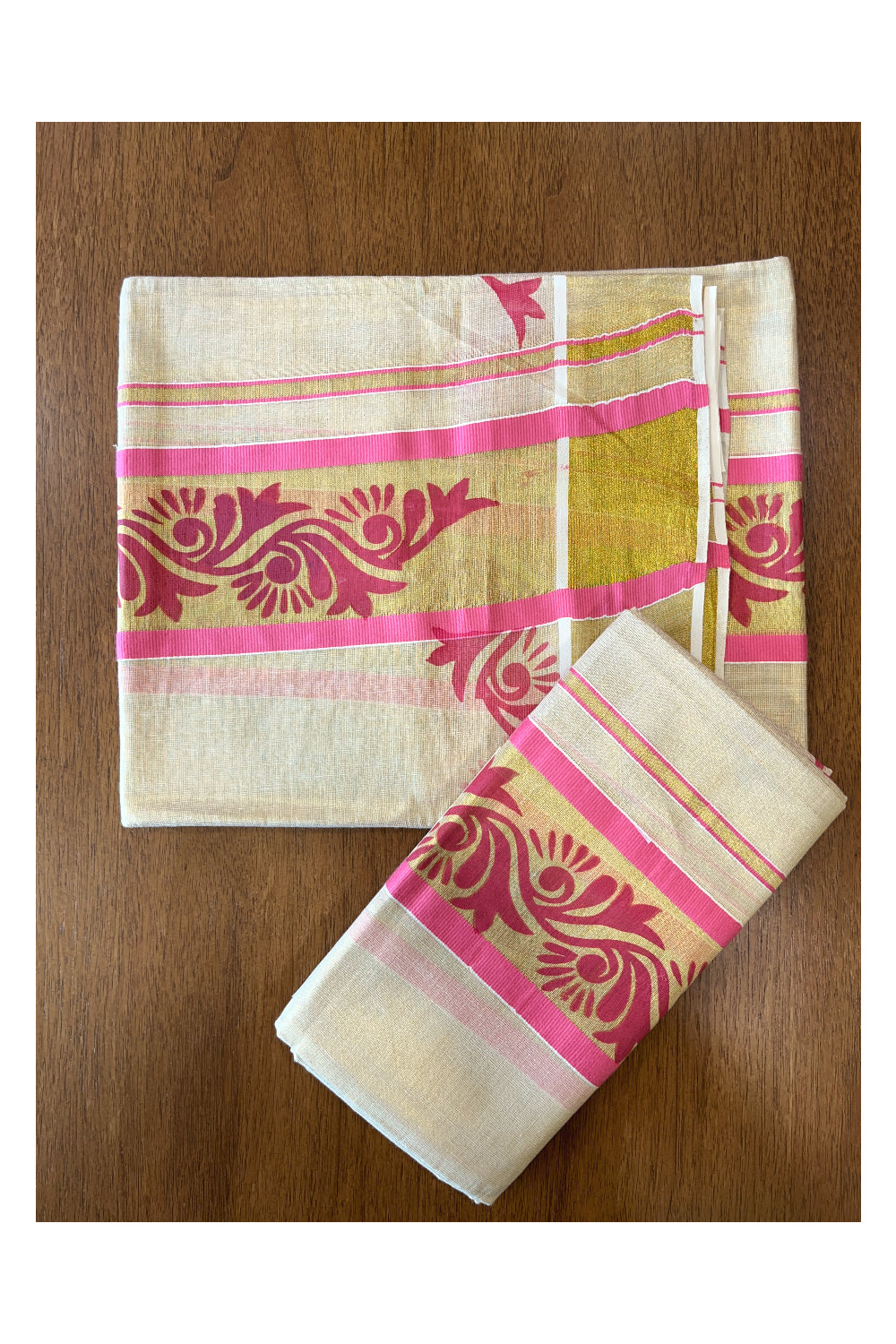 Kerala Tissue Set Mundu (Mundum Neriyathum) with Pink Floral Block Prints on Border 2.80 Mtrs