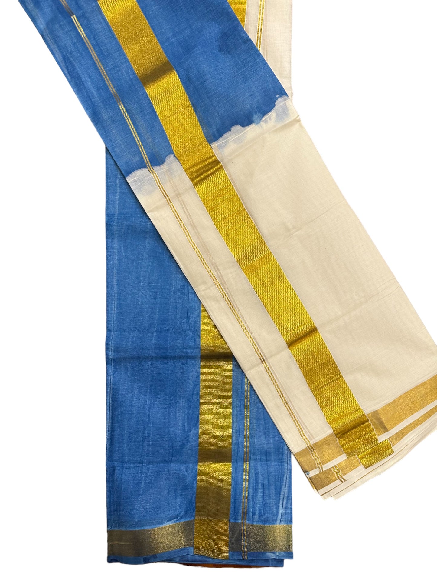 Southloom Tie & Dye - Half & Half  Multi Colour Blue Design Set Mundu (Mundum Neriyathum) in 2.80 m Neriyathu (Extra Length)