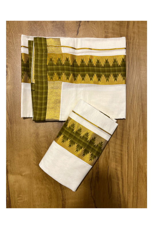 Kerala Cotton Single Set Mundu (Mundum Neriyathum) with Green Temple Applique Work Border 2.80Mtrs