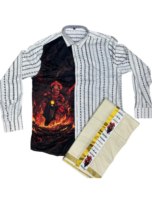 Southloom Premium Satin Theyyam Digital Printed Design Men's Combo (Shirt + Mundu) SL576