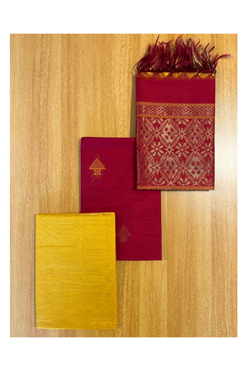 Southloom™ Original Handloom Cotton Pure Silk 3 Piece Red and Yellow Salwar Material with Woven Zari Butta Work