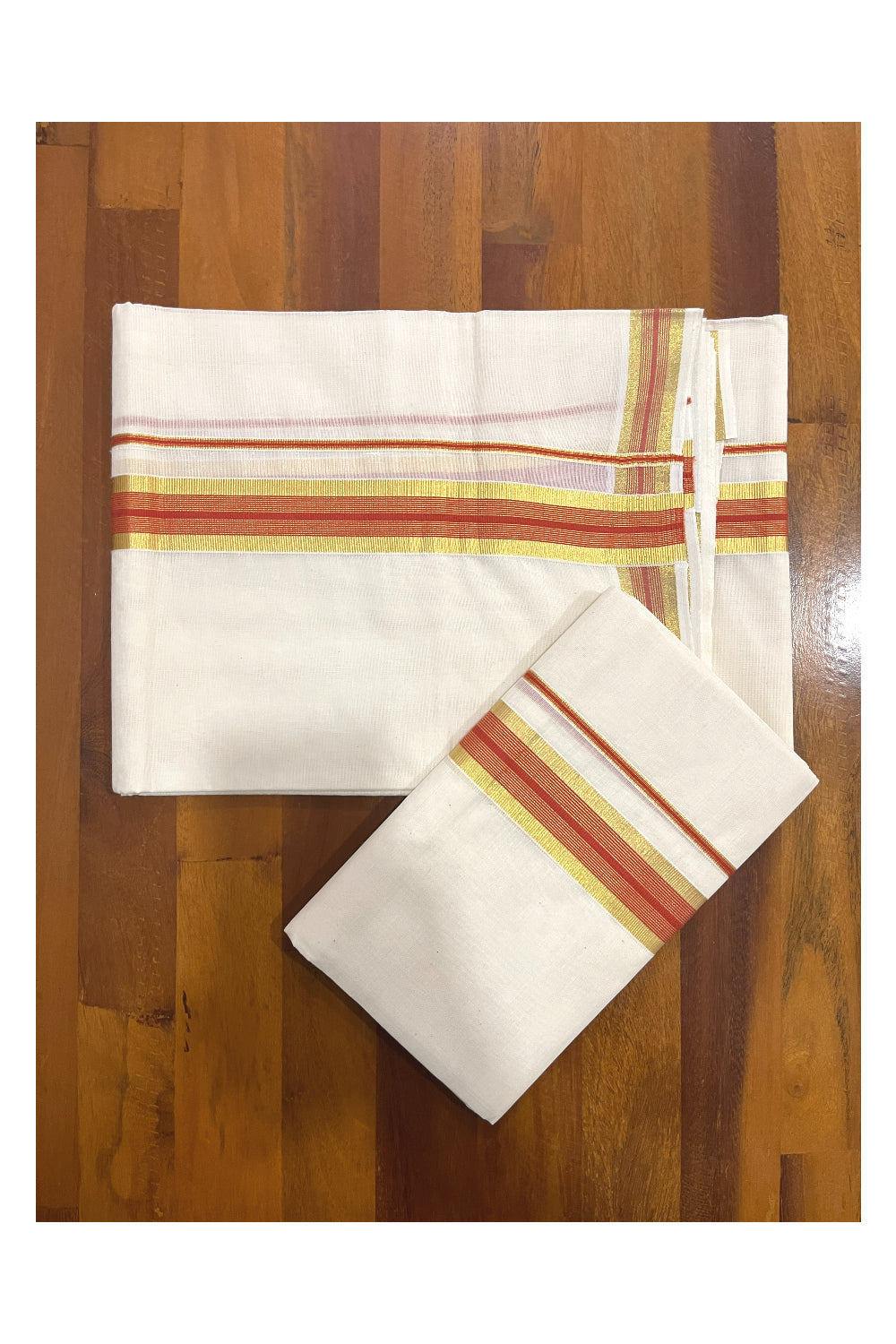 Kerala Cotton Mundum Neriyathum Single (Set Mundu) with Kasavu and Orange Border 2.80 Mtrs