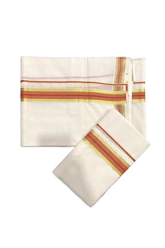Southloom Kerala Cotton Mundum Neriyathum Single (Set Mundu) with Kasavu and Orange Border 2.80 Mtrs SLKK