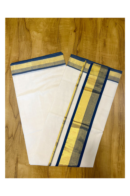 Southloom Premium Handloom Cotton Saree with Kasavu and Blue Border