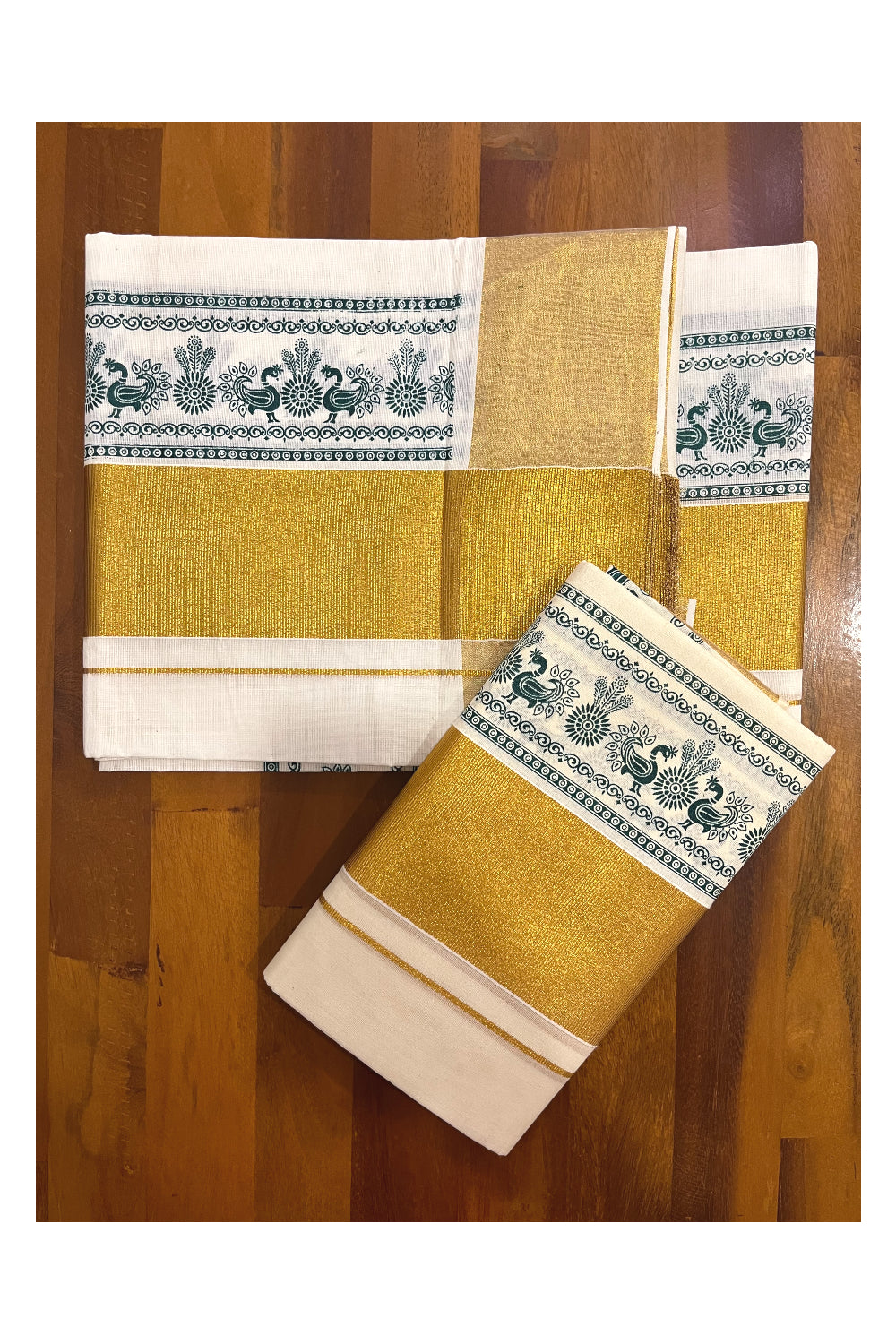 Pure Cotton Kerala Single Set Mundu (Mundum Neriyathum) with Green Block Printed Kasavu Border (Onam 2023 Set Mundu)