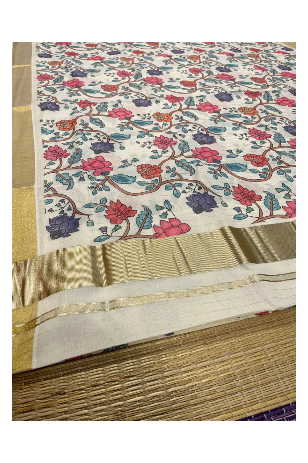 Kerala Cotton Kasavu Lines Saree with Floral Kalamkari Design