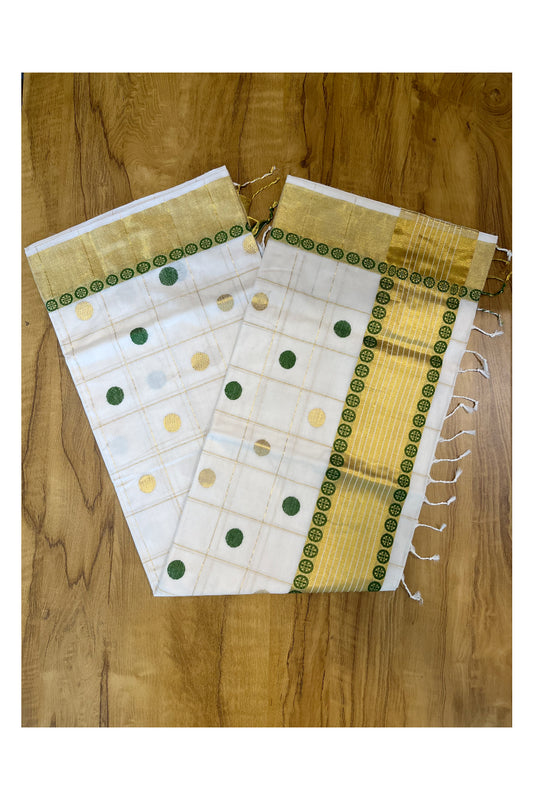 Southloom Premium Handloom Check Kasavu Saree with Green and Golden Polka Woven Designs Across Body