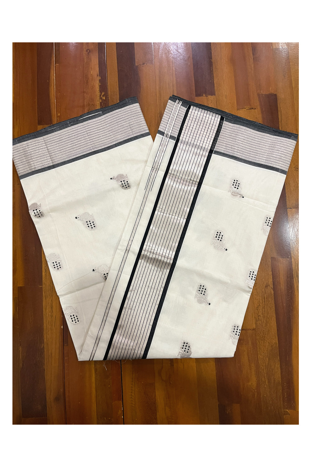 Southloom Handloom Premium Kerala Saree with Silver Kasavu Peacock Motifs