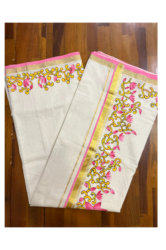 Southloom Premium Balaramapuram Unakkupaavu Handloom Saree with Pink Lotus Motifs Handpainted on Borders