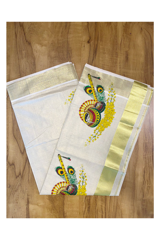 Kerala Tissue Kasavu Saree with Peacock Feather and Flute Mural Printed Designs