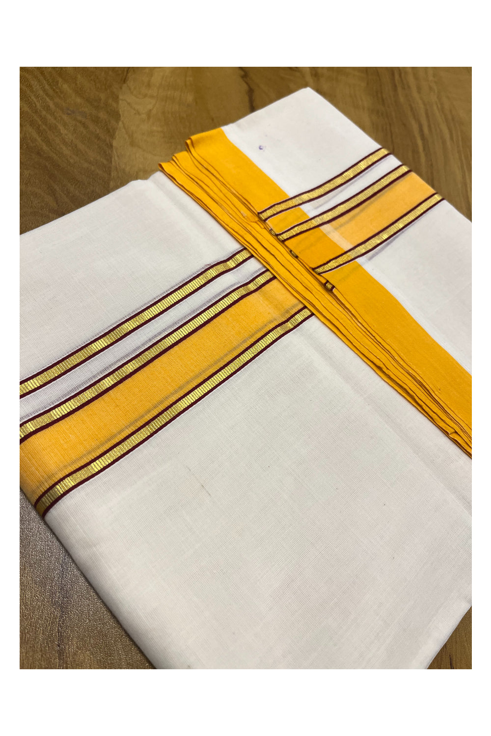 Premium Balaramapuram Handloom Unakkupaavu 1 inch Double Mundu with Kasavu and Bright Orange Kara